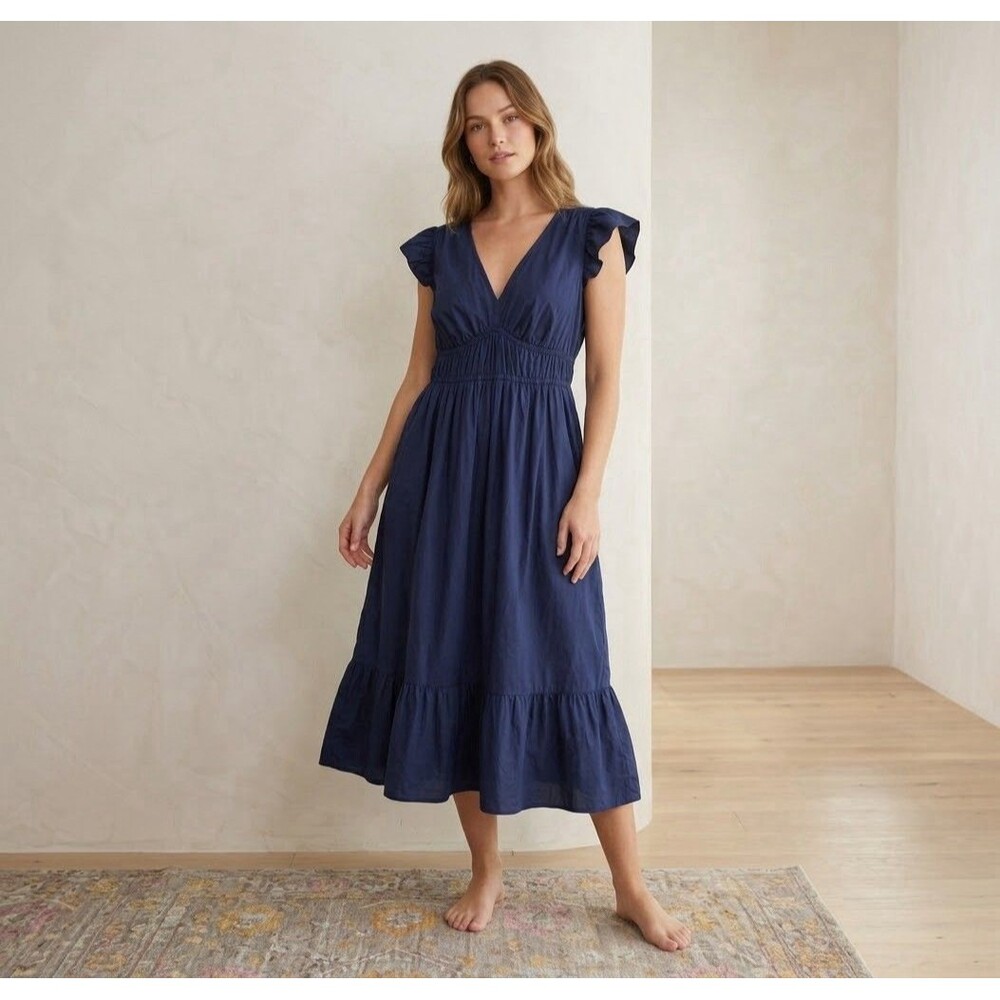 Vineyard Vines Women's Navy Cotton Ruffle Sleeve V-Neck Midi Dress - Size XL
